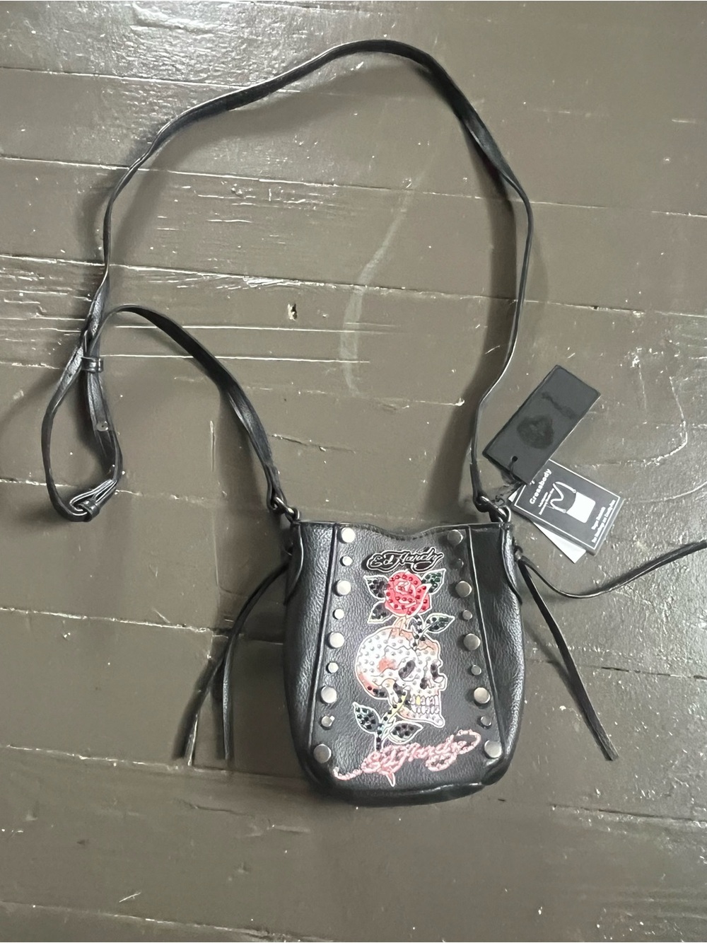 Ed Hardy Black Crossbody with Skull & Red Rose Embroidery